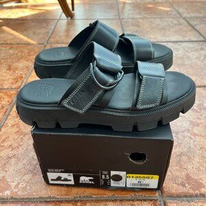 Sorel Rein CB Slide Sandals - Black Leather, Size 8.5